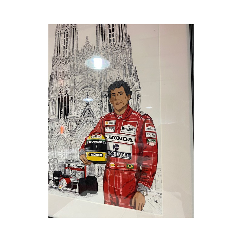 GRAND FORMAT encadré Ayrton SENNA MC-LAREN MP4-4 à la cathédrale notre dame de Reims format A3