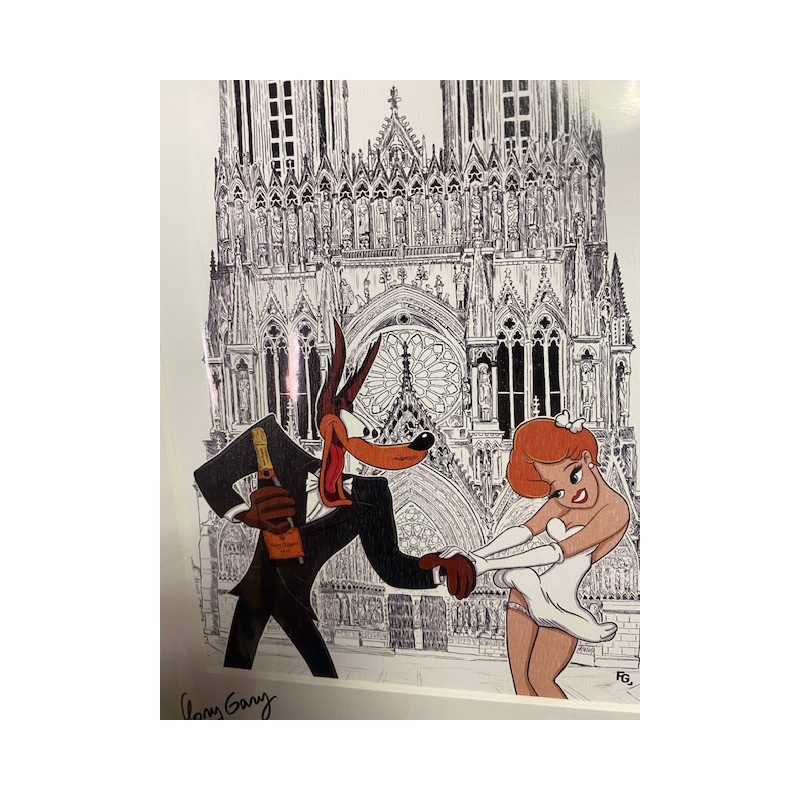 GRAND FORMAT encadré TEX AVERY le loup, la pin-up, champagne veuve Clicquot à la cathédrale notre dame de Reims format A3