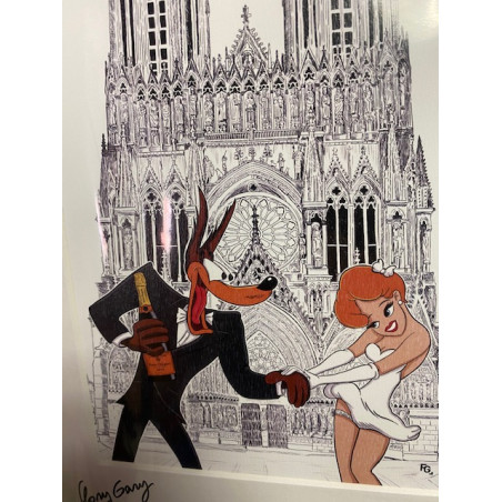 GRAND FORMAT encadré TEX AVERY le loup, la pin-up, champagne veuve Clicquot à la cathédrale notre dame de Reims format A3