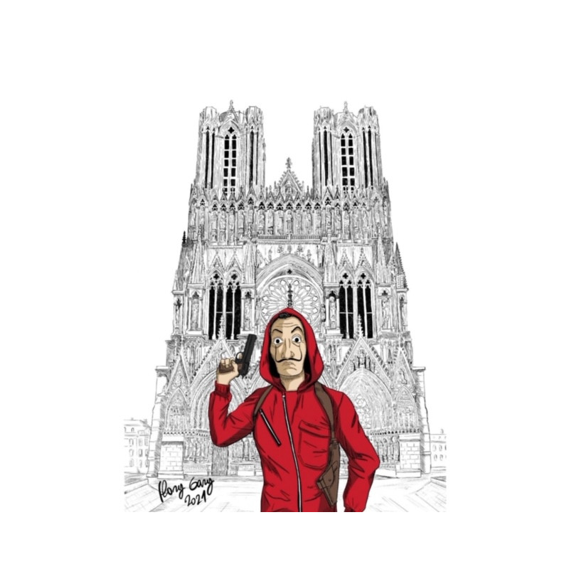 GRAND FORMAT encadré CASA DEL PAPEL à la cathédrale notre dame de Reims format A3