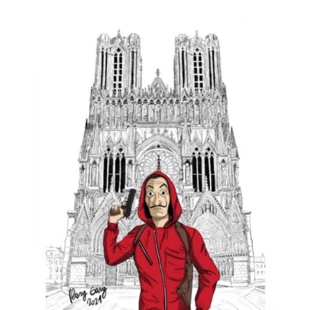 GRAND FORMAT encadré CASA DEL PAPEL à la cathédrale notre dame de Reims format A3