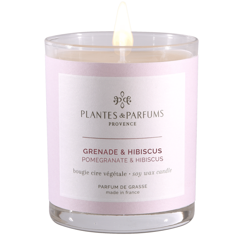 Grenade & Hibiscus BOUGIE naturelle fabriqué artisanalement en Provence, notes Fraîches de jasmin, hibiscus, grenade et pomme