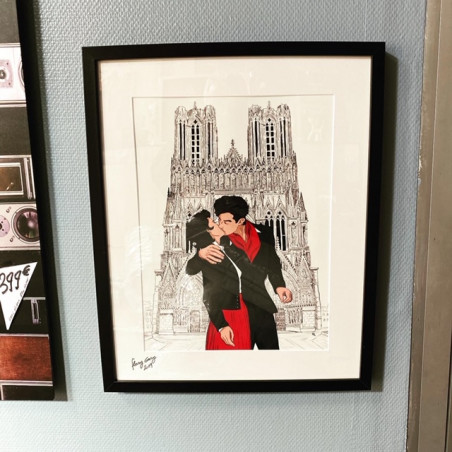 GRAND FORMAT encadré Les Amoureux à la cathédrale notre dame de Reims format A3