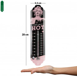 Thermomètre HOT MARILYN MONROE, tôle Métal, 28 x 6.5 x 2 cm utilisation en intérieur ou en extérieur protégé