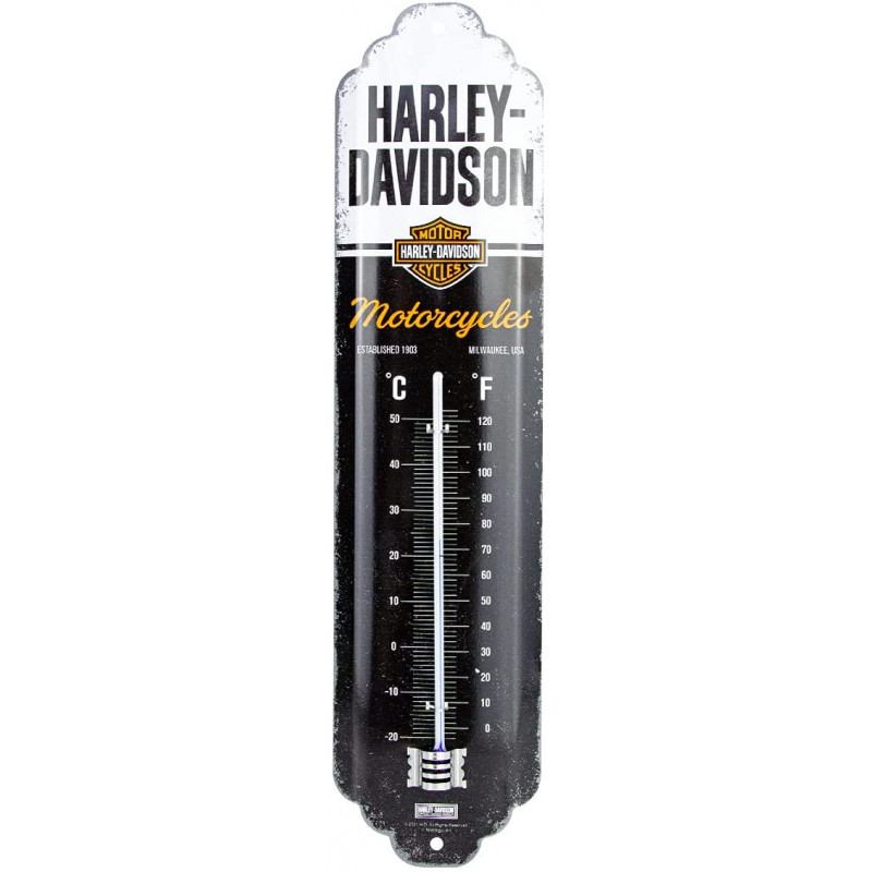 Thermomètre HARLEY DAVIDSON BLANC ET NOIR, tôle Métal, 28 x 6.5 x 2 cm utilisation en intérieur ou en extérieur protégé