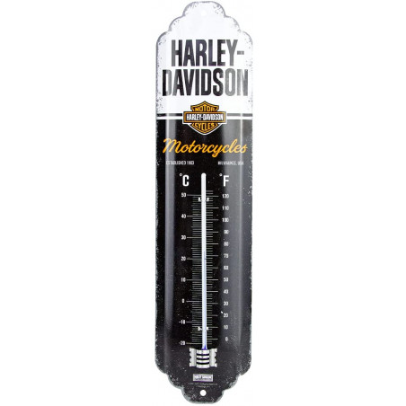 Thermomètre HARLEY DAVIDSON BLANC ET NOIR, tôle Métal, 28 x 6.5 x 2 cm utilisation en intérieur ou en extérieur protégé