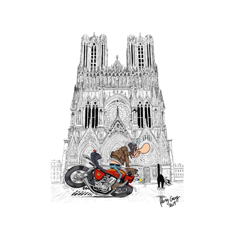 Joe bar HONDA 750 arrive SUR LE PARVIS DE LA CATHÉDRALE NOTRE DAME DE REIMS