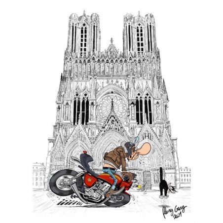 Joe bar HONDA 750 arrive SUR LE PARVIS DE LA CATHÉDRALE NOTRE DAME DE REIMS