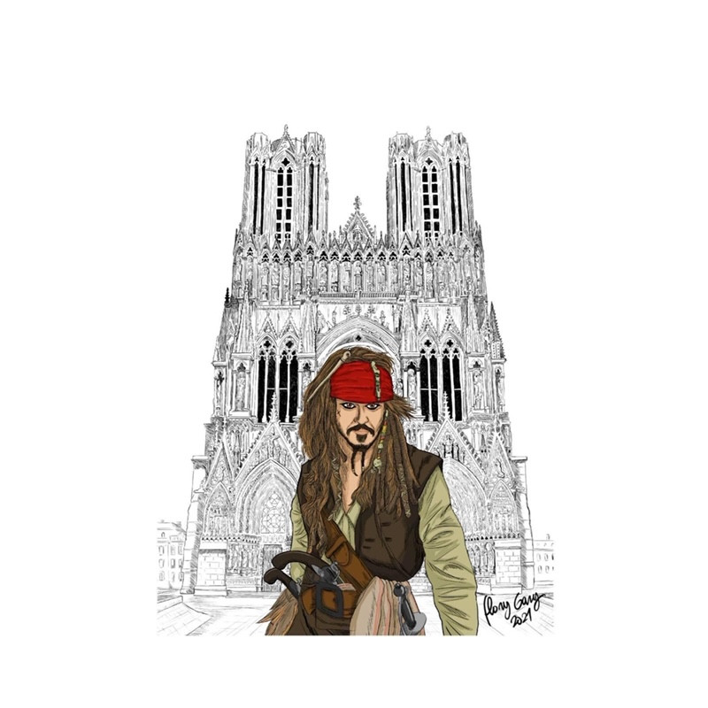 Le capitaine Jack Sparrow (pirates des caraibes) vous souhaite la bienvenue SUR LE PARVIS DE LA CATHÉDRALE NOTRE DAME DE REIMS