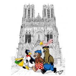 La bande déssiné Petzi se balade SUR LE PARVIS DE LA CATHÉDRALE NOTRE DAME DE REIMS