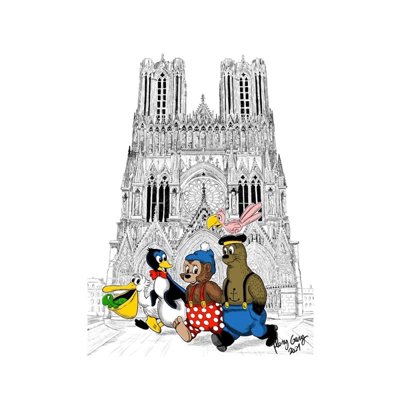 La bande déssiné Petzi se balade SUR LE PARVIS DE LA CATHÉDRALE NOTRE DAME DE REIMS