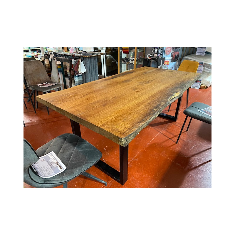 Table Design industriel 200 x 94 cm fabrication locale, salle à manger, atelier loft, plateau chène, finition à l'huille de lin