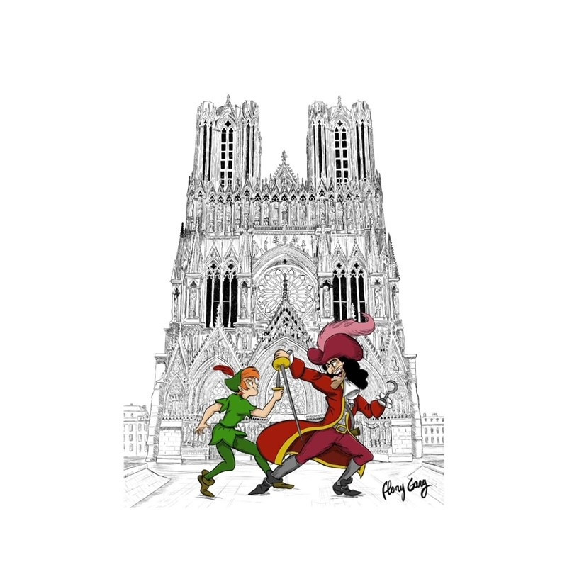 Peter pan en bataille avec le capitaine crochet devant la Cathédrale Notre-Dame de Reims