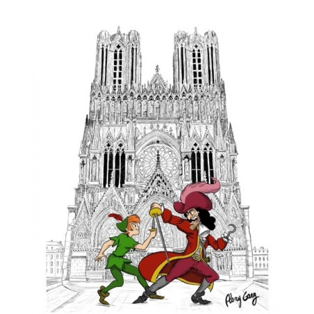 Peter pan en bataille avec le capitaine crochet devant la Cathédrale Notre-Dame de Reims