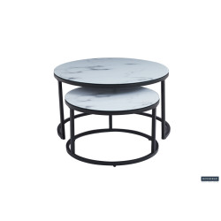 2 TABLES GIGOGNES de salon au DESIGN très actuel effect MARBRE BLANC pied acier laqué noir LOFT INDUSTRIEL