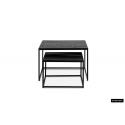 Set de 2 TABLES de salon GIGOGNES au DESIGN très actuel effect BOIS brulé NOIR pied acier laqué noir LOFT INDUSTRIEL