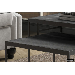 Set de 2 TABLES de salon GIGOGNES au DESIGN très actuel effect BOIS brulé NOIR pied acier laqué noir LOFT INDUSTRIEL