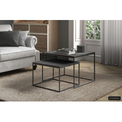 Set de 2 TABLES de salon GIGOGNES au DESIGN très actuel effect BOIS brulé NOIR pied acier laqué noir LOFT INDUSTRIEL