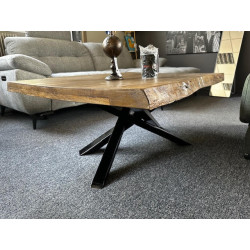 Table salon Design industriel 109 x 85 cm fabrication locale pied MIKADO atelier loft, plateau chène finition bistro vernis