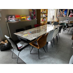 10 personnes TABLE de REPAS largeur 1 metre pied central design mikado plateau céramique effet marbre motifs suivis 2 RALLONGES