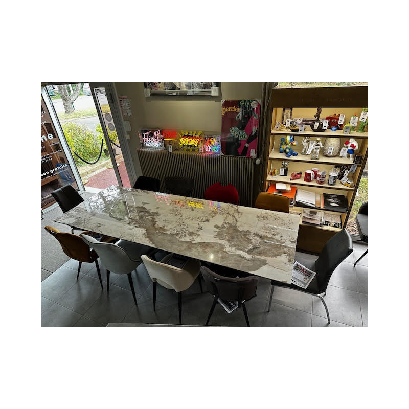 10 personnes TABLE de REPAS largeur 1 metre pied central design mikado plateau céramique effet marbre motifs suivis 2 RALLONGES