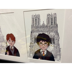 Hermione, Harry, Ron tableau triptyque promenade Rémoise fontaine Subé, cathédrale notre dame de Reims, porte de MARS