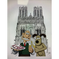 Wallace et Gromit devant la cathédrale notre dame de Reims