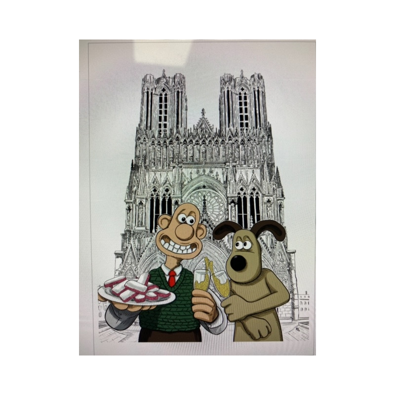 Wallace et Gromit devant la cathédrale notre dame de Reims