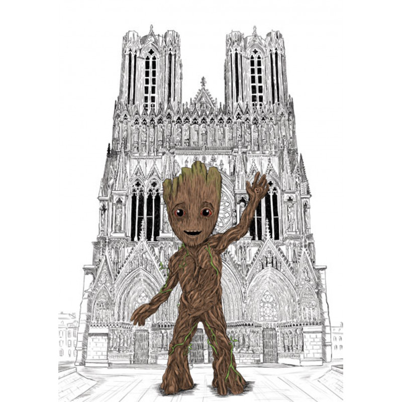 moi s'appelle groot devant la cathédrale notre dame de Reims