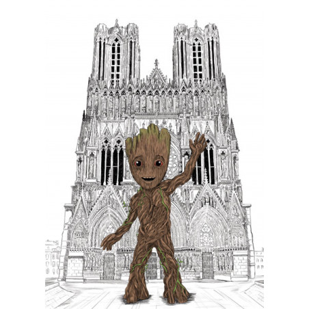 moi s'appelle groot devant la cathédrale notre dame de Reims