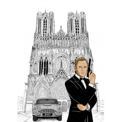 DANIEL GRAIG en ASTON MARTIN devant la cathédrale notre dame de Reims