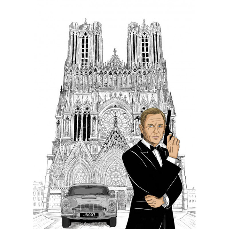 DANIEL GRAIG en ASTON MARTIN devant la cathédrale notre dame de Reims