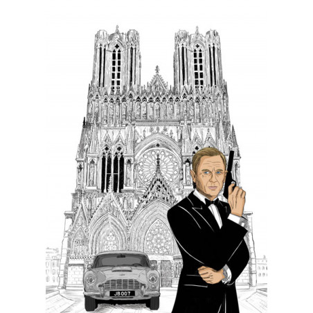 DANIEL GRAIG en ASTON MARTIN devant la cathédrale notre dame de Reims