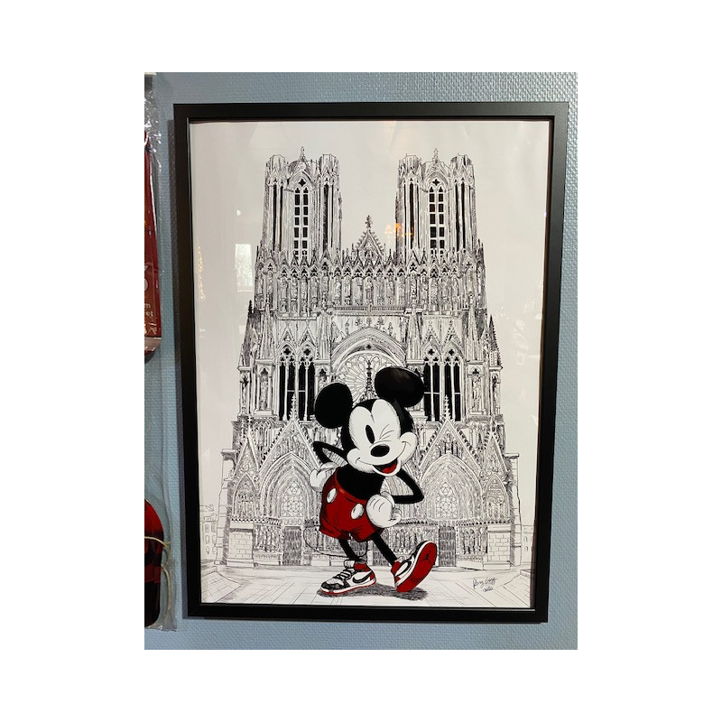 Très GRAND format encadré Mickey en air jordan devant la cathédrale notre dame de Reims format B2
